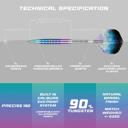 Precise 180 Northern Lights 90% Steel Tip Darts